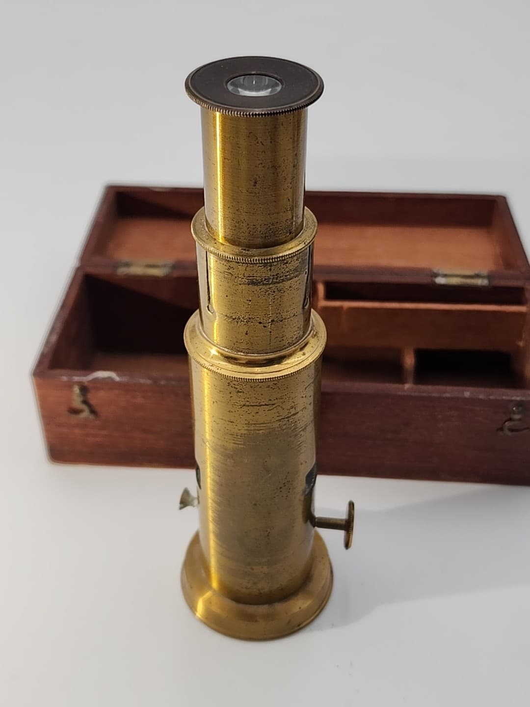 Antique Brass Field Microscope, tweezers and box - unmarked 5