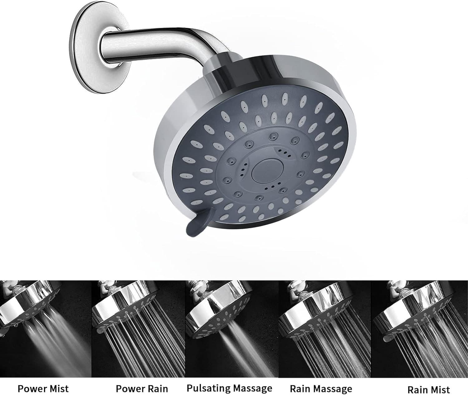 Shower Head, High Pressure Shower Heads 4.1 Inch 5 Settings Rain High Flow Fi 3