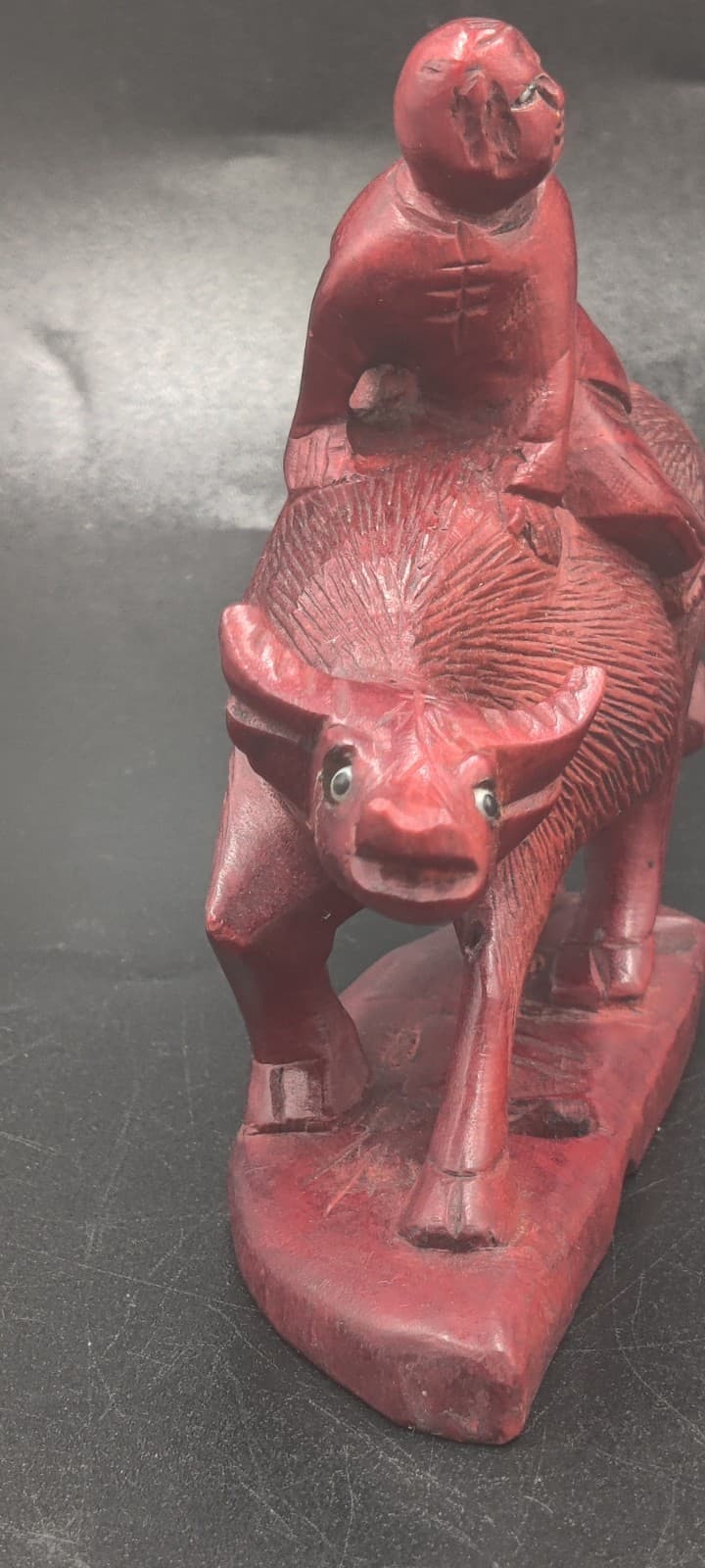 Vintage Creepy Eyes Hand Carved Wood Man Riding Water Buffalo Figurine  4