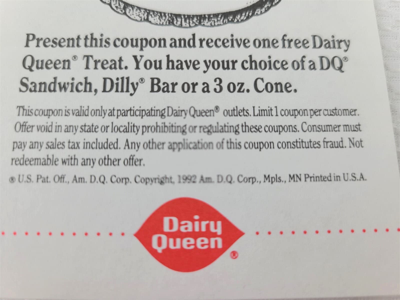 4 Vintage Dairy Queen Treat Coupons - DQ Sandwich Dilly or 3 oz Cone 1992 New 2