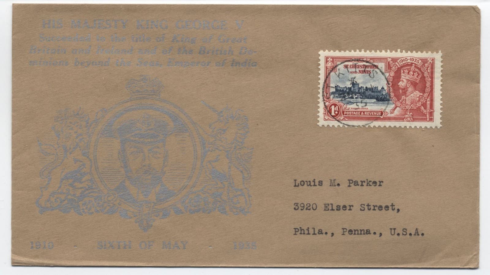 1935 St. KItts George V jubileee 1d cacheted first day cover [g.1068]