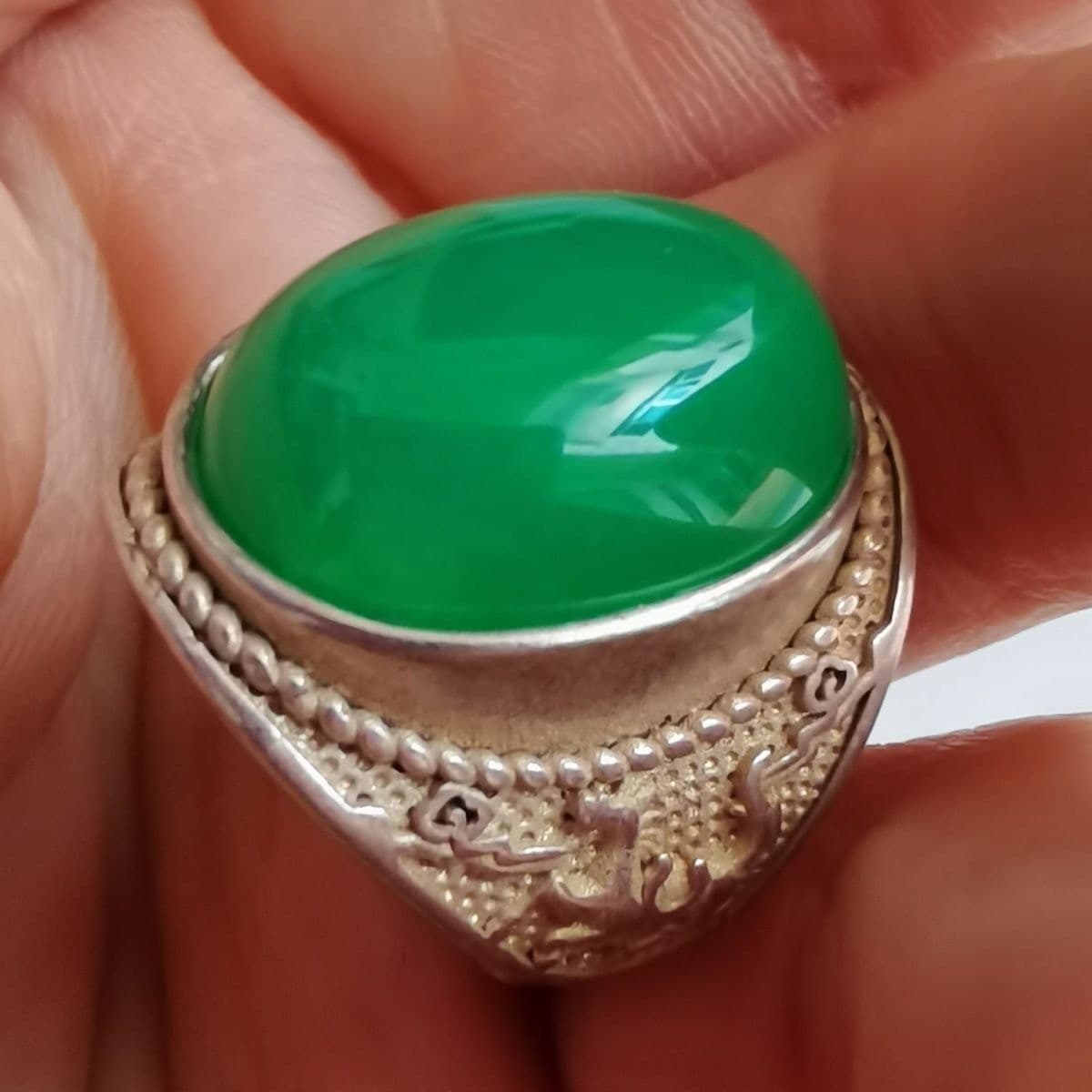 Rare Old Chinese Cloisonne Silver Inlay gemstone ring Jewelry Figure Ring xx 3