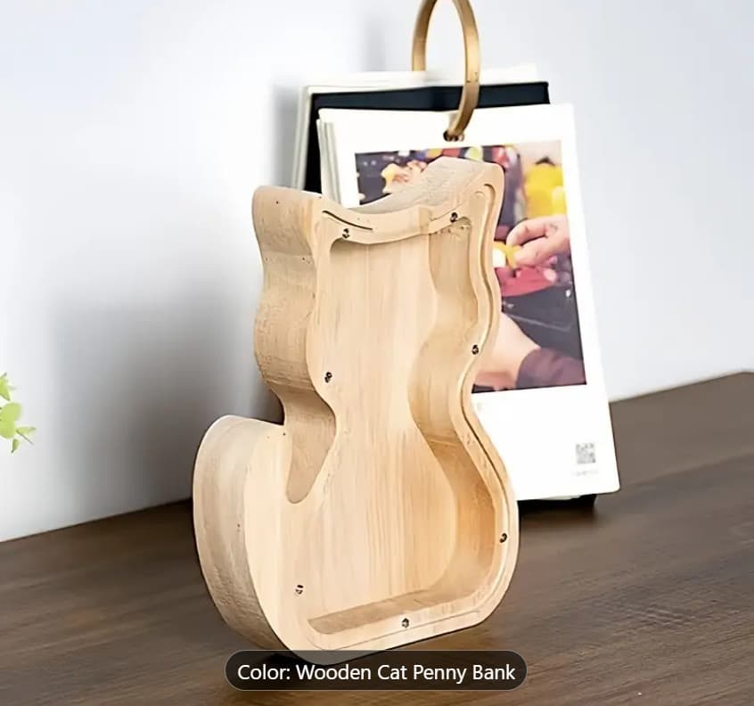 Wooden Cat-Animal Shaped Penny Bank with Clear Glass Lid Home Decor Gift 2
