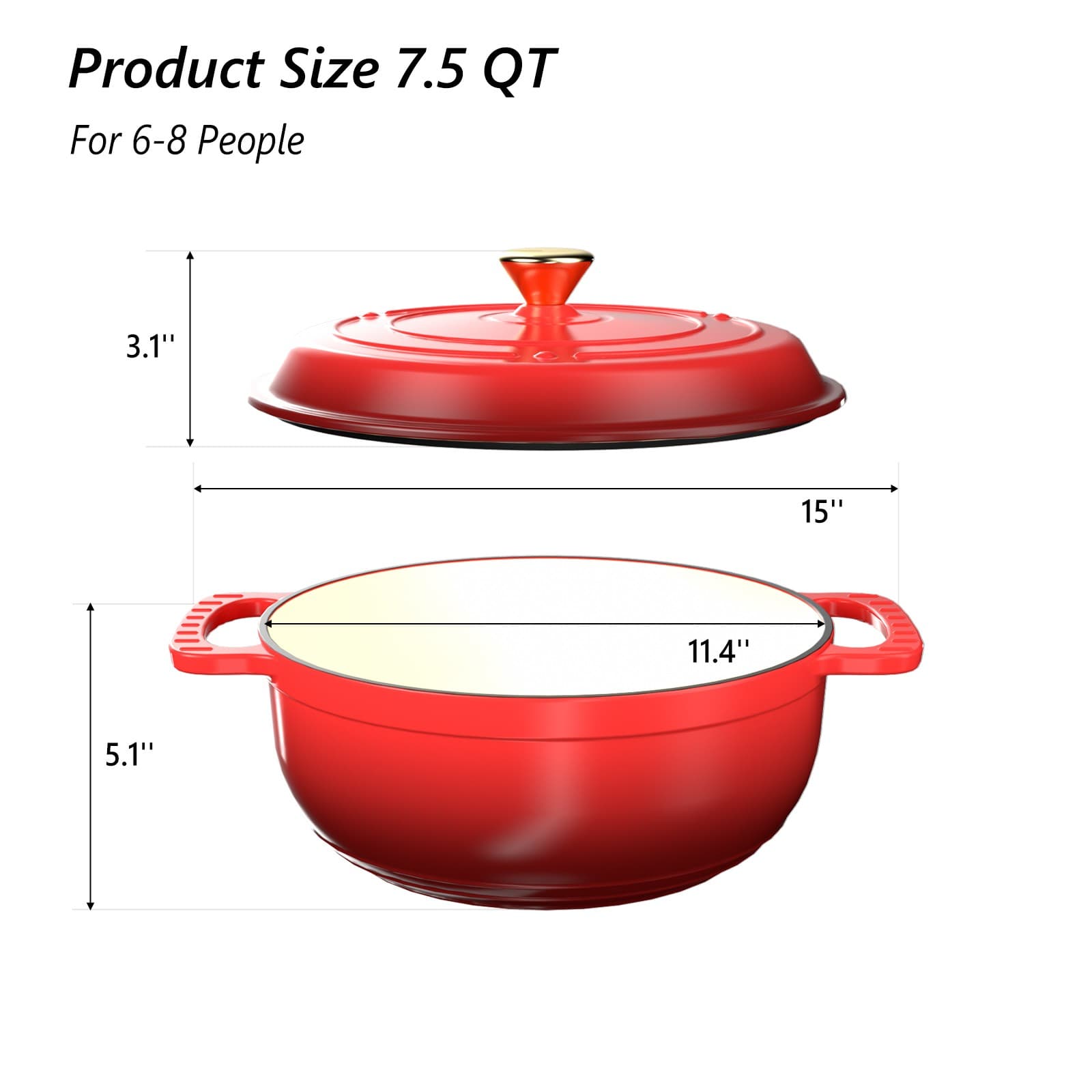 Enameled Cast Iron Dutch Oven 7.5QT Heavy Duty Dual Enamel Coating,FDA Certified 3