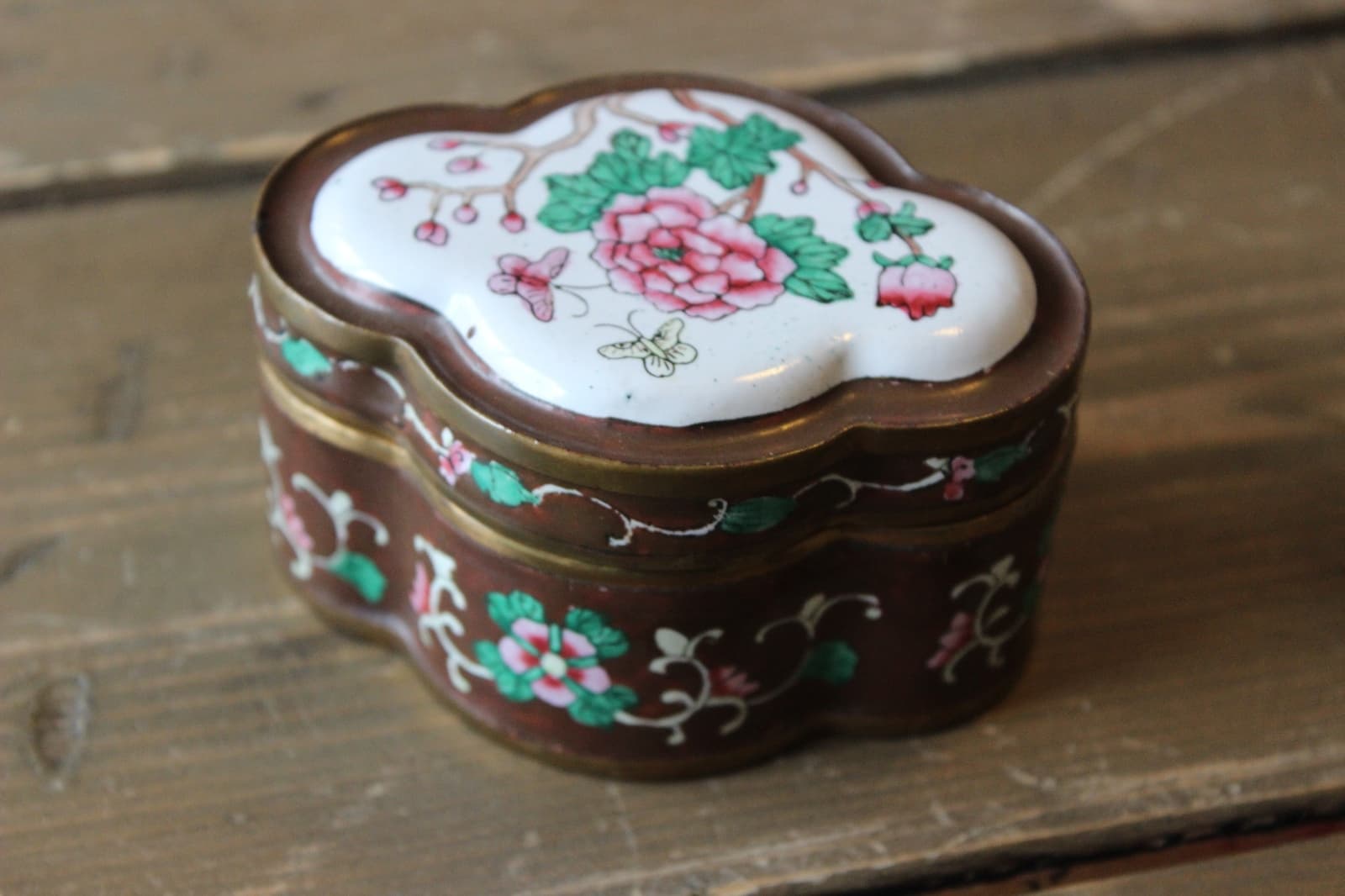 Antique Brass Enamel Flower Trinket Jar 3.75 x 2.75 x 2 inches 3