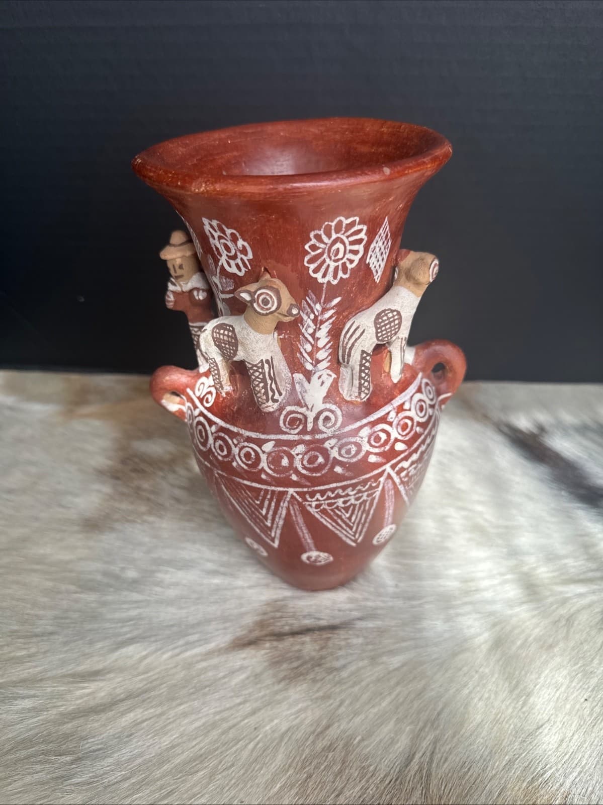 Peruvian Vase Handmade Terra Cotta Clay With 3-Dimensional Figurines 8" Tall