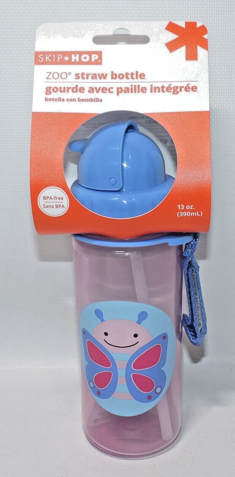 Skip Hop Zoo Straw Water Bottle Sippy Cup 13oz Flip Lid Strap, NEW ~YOU PICK~