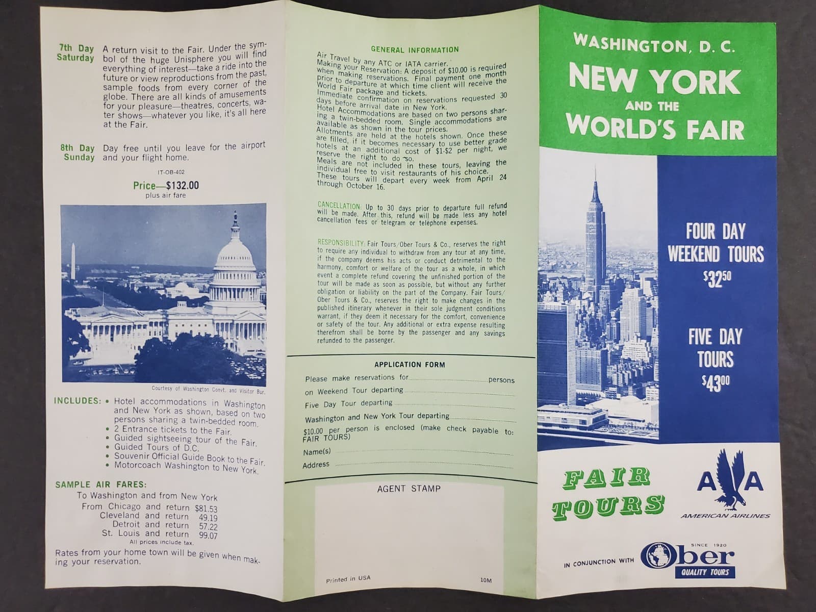 1964 New York Worlds Fair Tours Washington DC Air Fare Vintage Travel Brochure 3