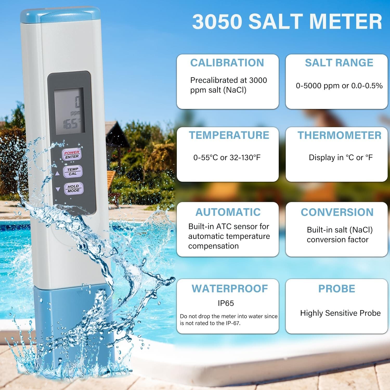 SALT-3050 Waterproof IP65 Meter/Digital Salinity PPM Temperature Tester 5