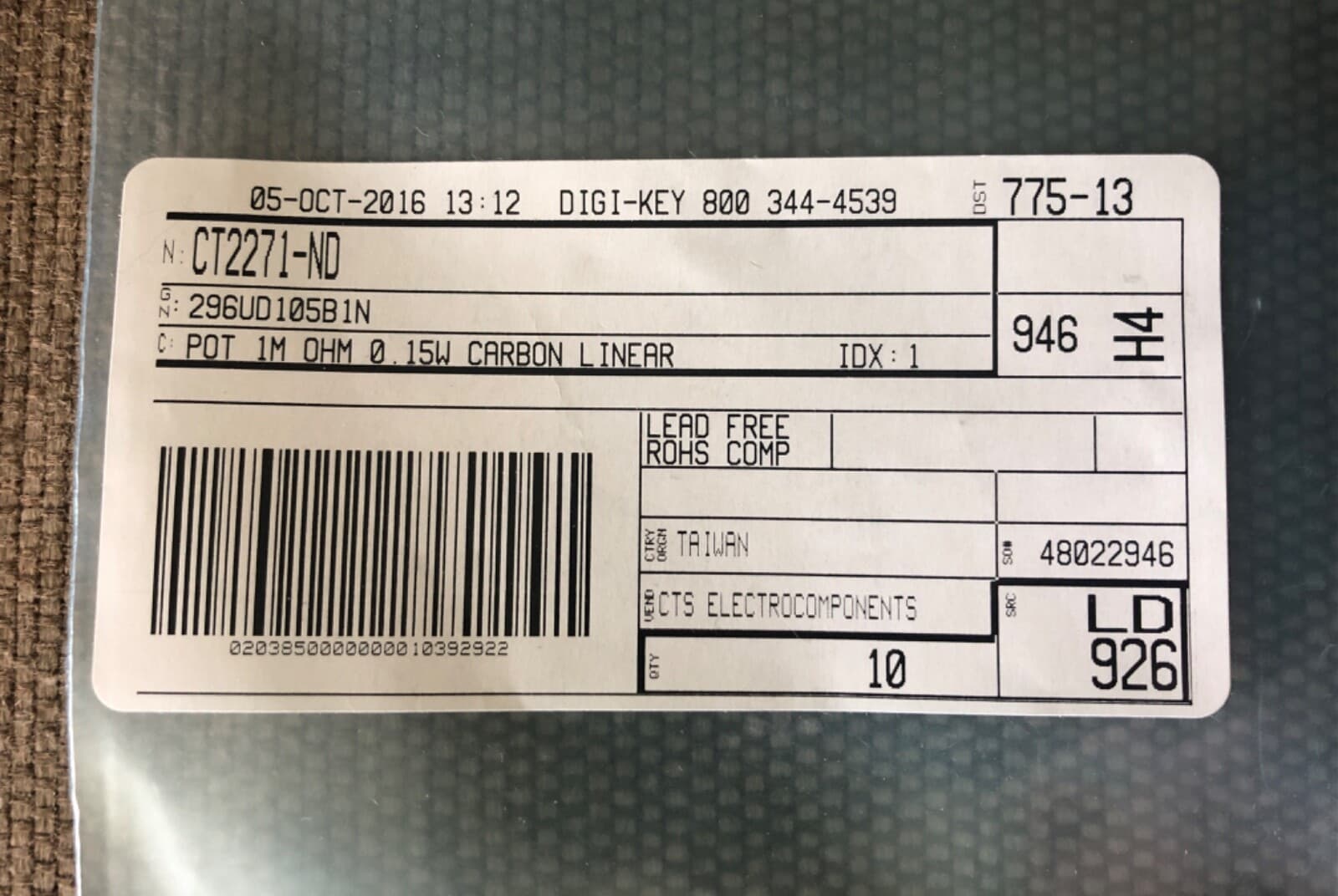 Lot of 9 - CTS Electrocomponents 1M Ohm 0.15W Linear Potentiometers 296UD105B1N 2