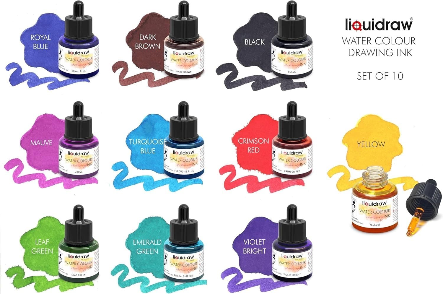 Liquidraw Watercolour Drawing Ink Set of 10 Assorted Colours | 35ml with Dropper 2