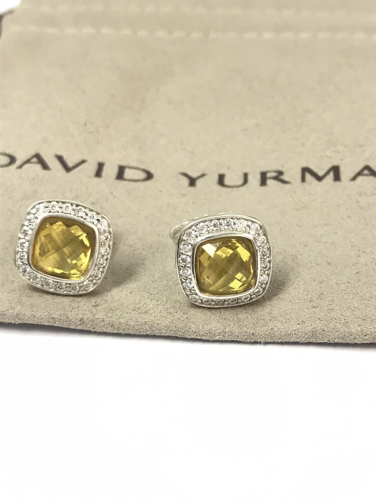 David Yurman Sterling Silver 7mm Albion Lemon Citrine  Diamonds Stud Earrings