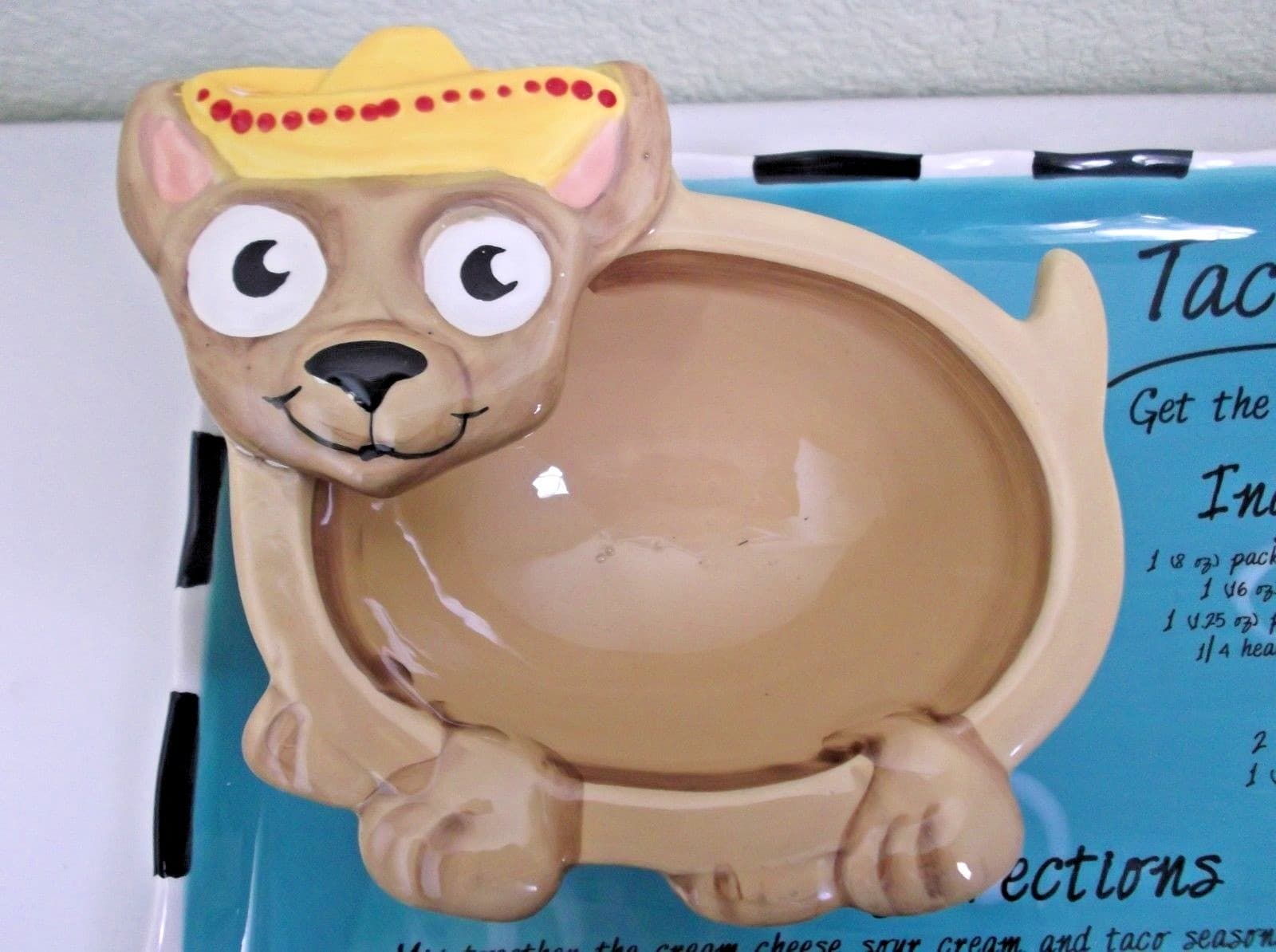 Youngs Turquoise Ceramic Taco Dip Platter Brown Chihuahua with Yellow Sombero 3