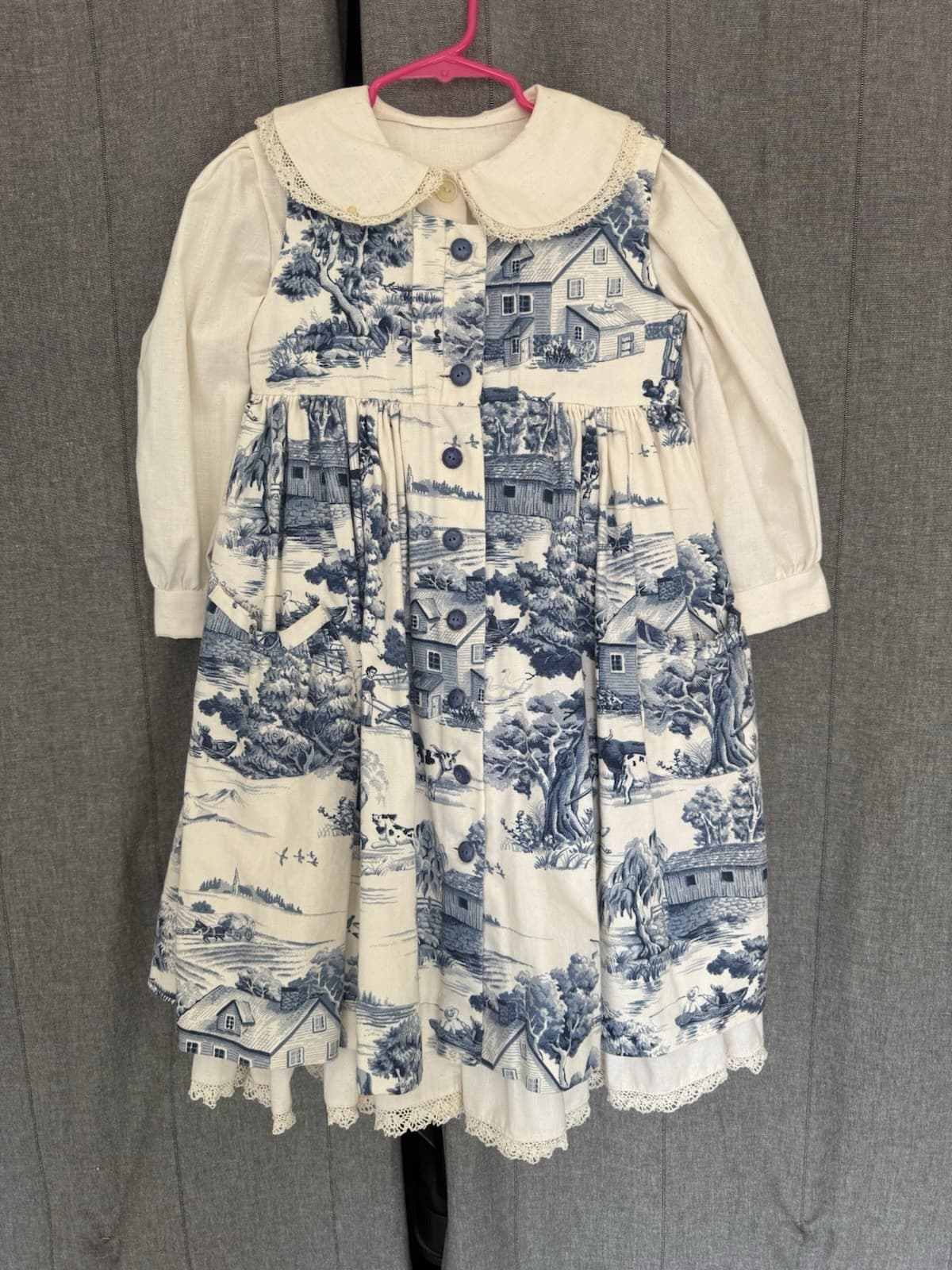 Vintage Girls Cotton 2 Piece Dress Pinafore Toile Spring Exceptional Handmade 6 2