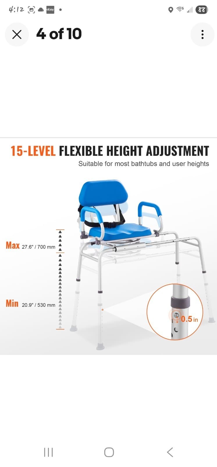 VEVOR Sliding Tub Transfer Bench Shower Chair with 360 Degree Swivel Seat 330LBS 5