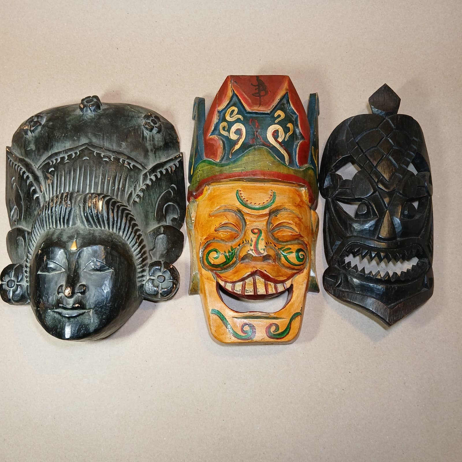 Hand Carved Wooden Tiki Tribal Face Masks Wall Art Decor Lot of 3 Unique Wired
