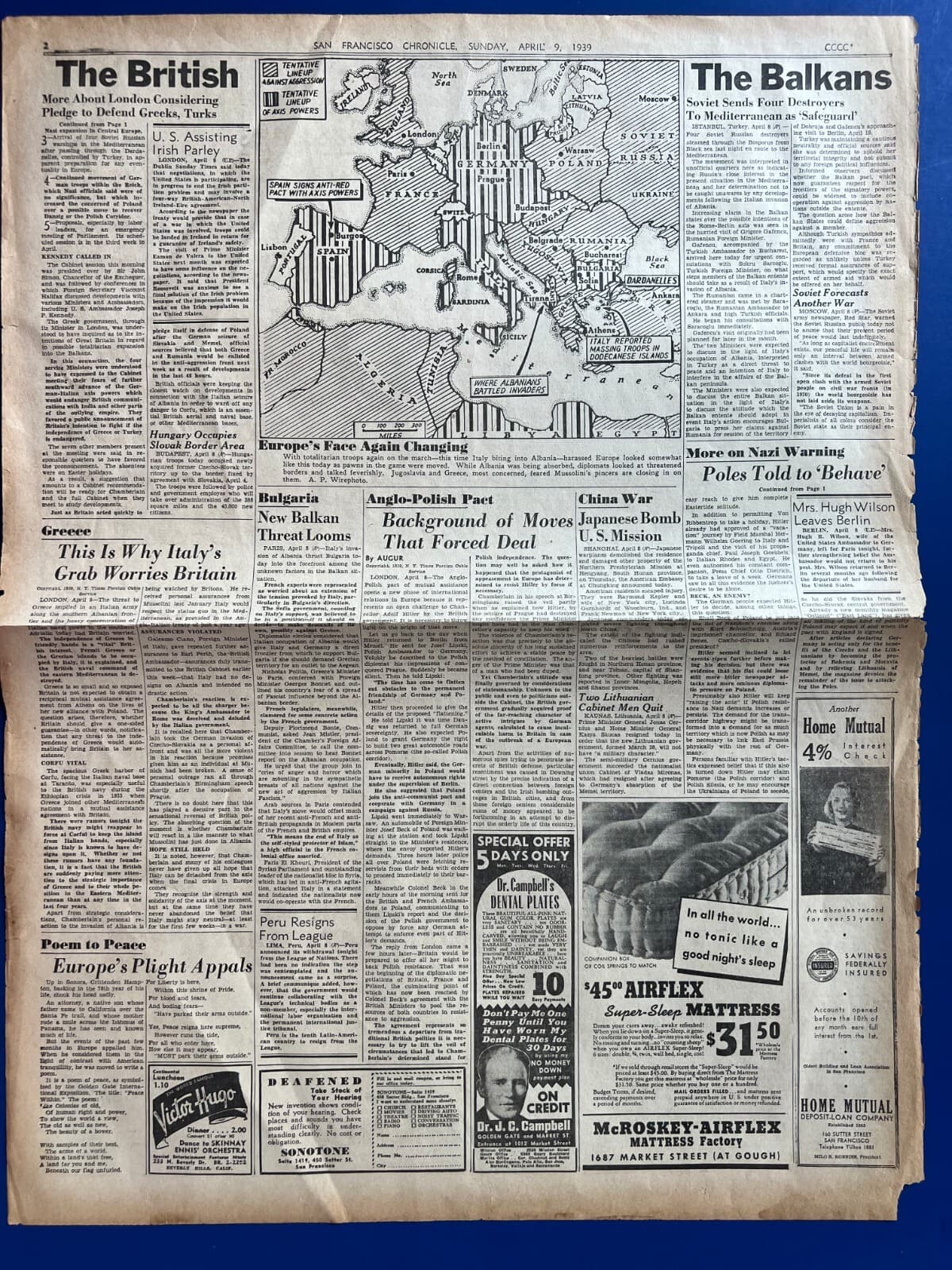 Two Pre-WW2 WWII 1938 1939 Newspapers MAPS OF EUROPE Max Factor, Diego Rivera 5