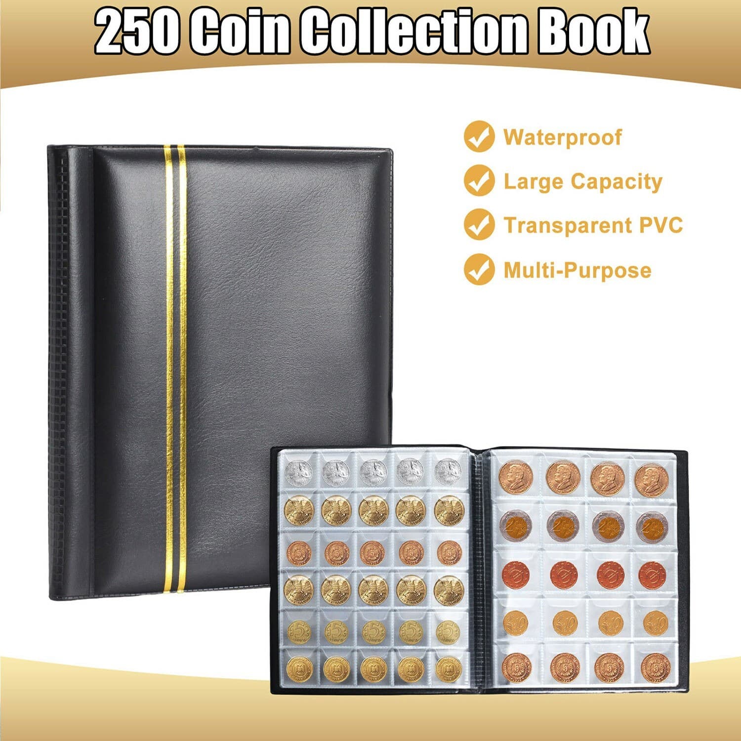 250~Cells~Coins~Storage~Book~High~capacity~Collection~Album~Folder~Money~Holder~