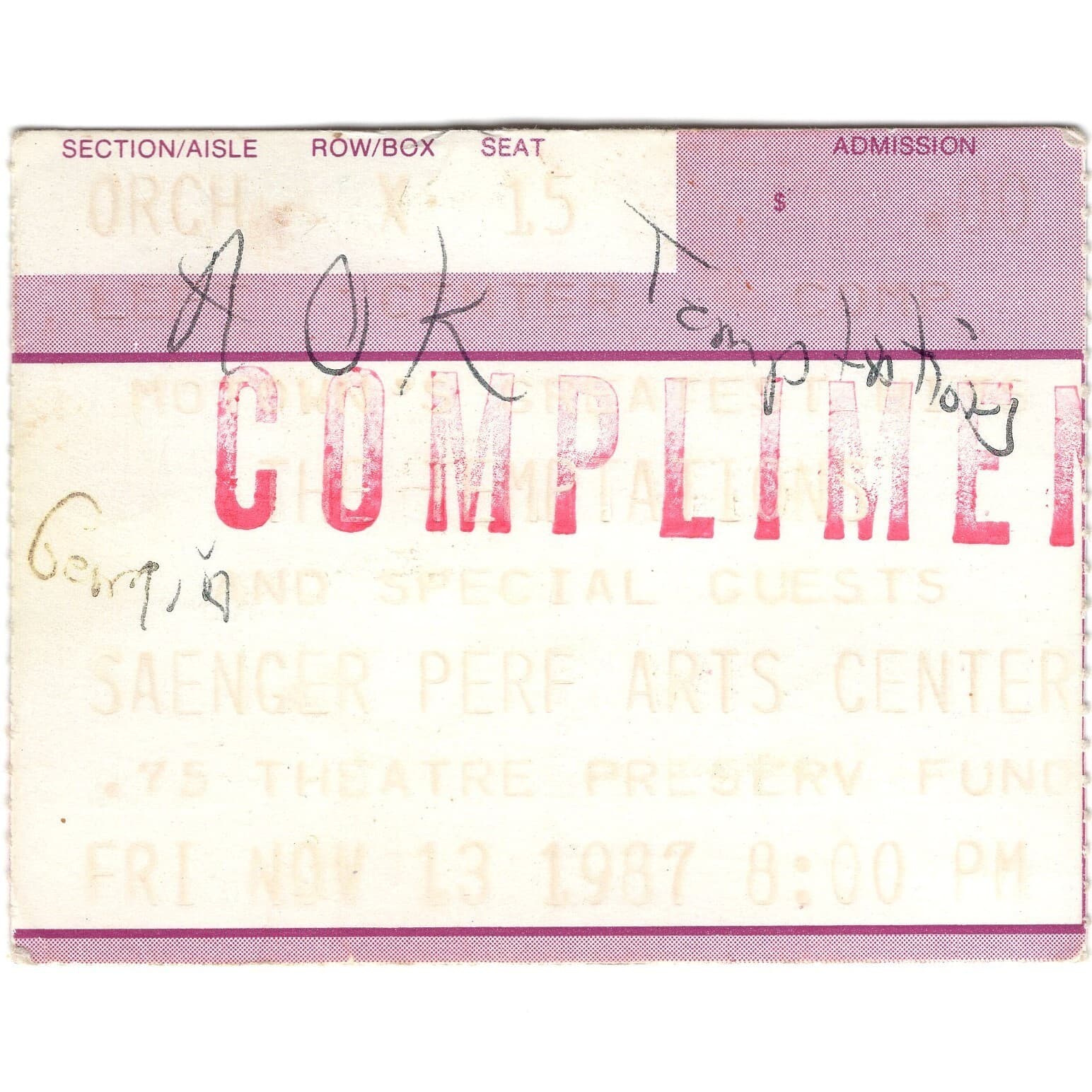 THE TEMPTATIONS Concert Ticket Stub NEW ORLEANS LA 11/13/87 SAENGER CENTER Rare