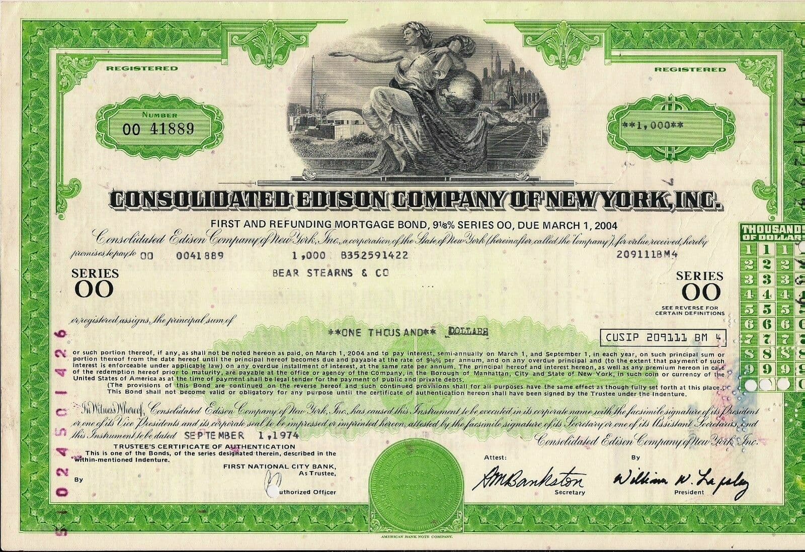 Consolidated Edison Company of New York. OO Series 9 1/8% bond 1974 