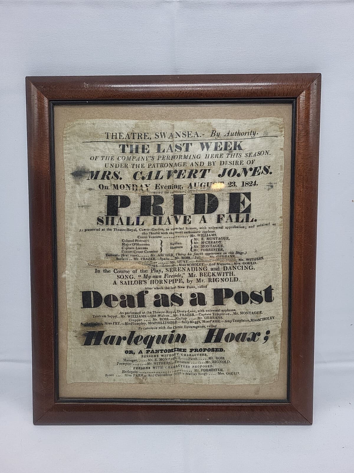 THEATRE SWANSEA BY AUTHORITY 1824 THE LAST WEEK MRS CALVERT JONES SHOW BILL ADD