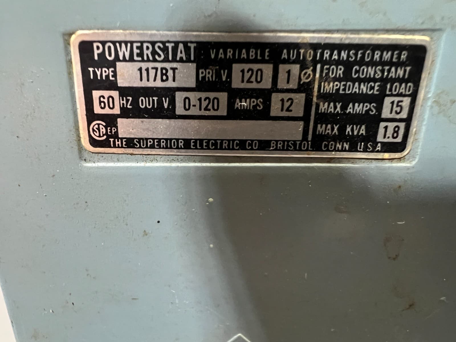 SUPERIOR POWERSTAT VARIABLE TRANSFORMER VARIAC 117BT 120V 60Hz 12 AMP VGC USA 3