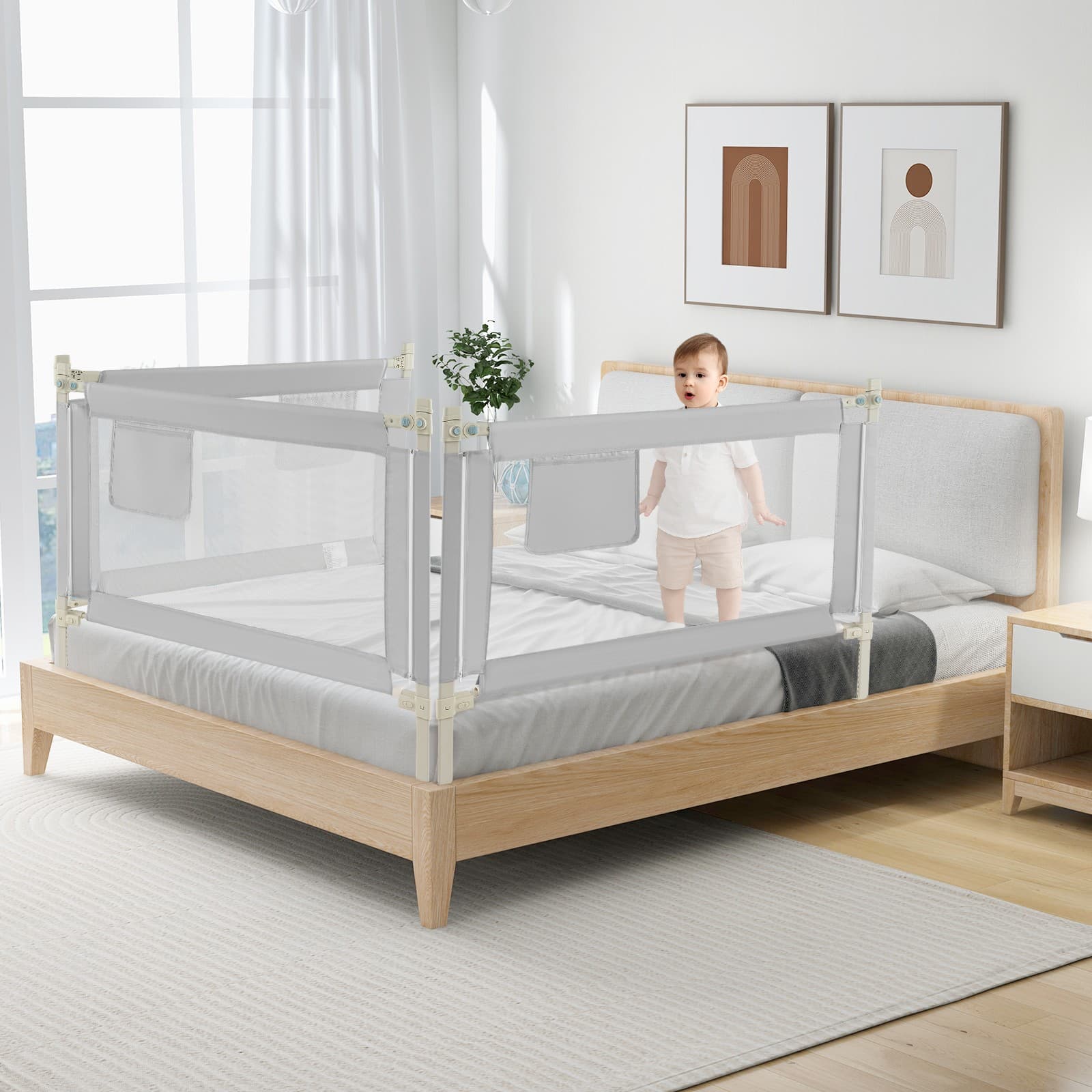 2PCS 47" Bed Rails for Toddlers Vertical Lifting Baby Bed Rail Guard w/Lock Grey 4