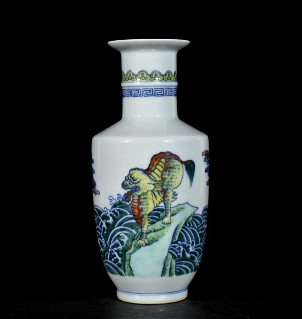 Pair Yongzheng Signed Old Chinese Doucai Vase W/kylin U1339 4
