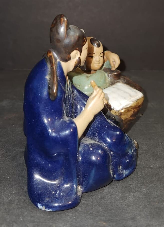Shiwan Mudman Chinese Figurine Teaching With Boy 4" Statue Table Shelf Decor 3
