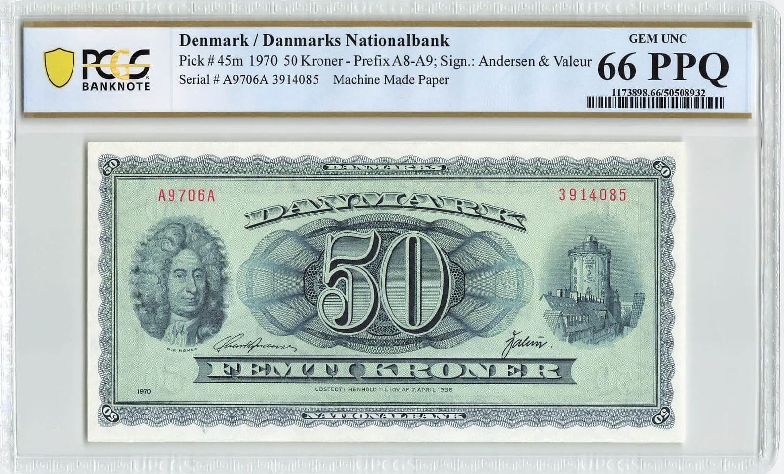 DENMARK 50 Kroner 1970, P-45m, PCGS 66 PPQ Gem UNC Uncirculated & Rare