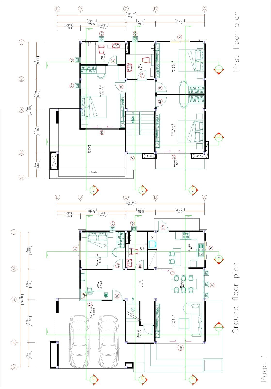 House Design Plan 12x11 Meter 40x36 Feet 4 Bedrooms PDF Plan (A4 Hard Copy) 2
