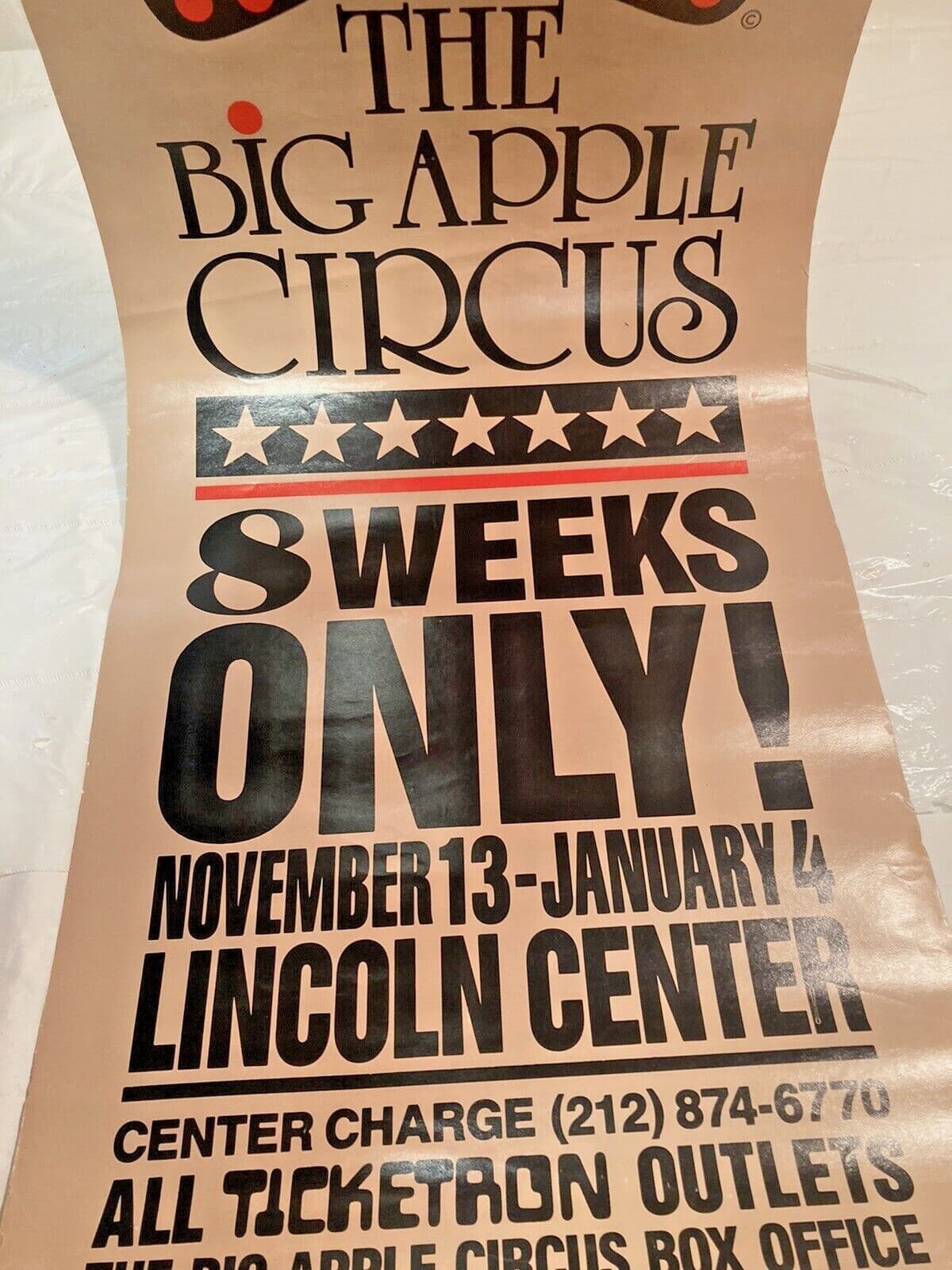 Vtg BIG APPLE CIRCUS Poster Lincoln Center Performing Arts NYC 11.75" by 39.75" 3