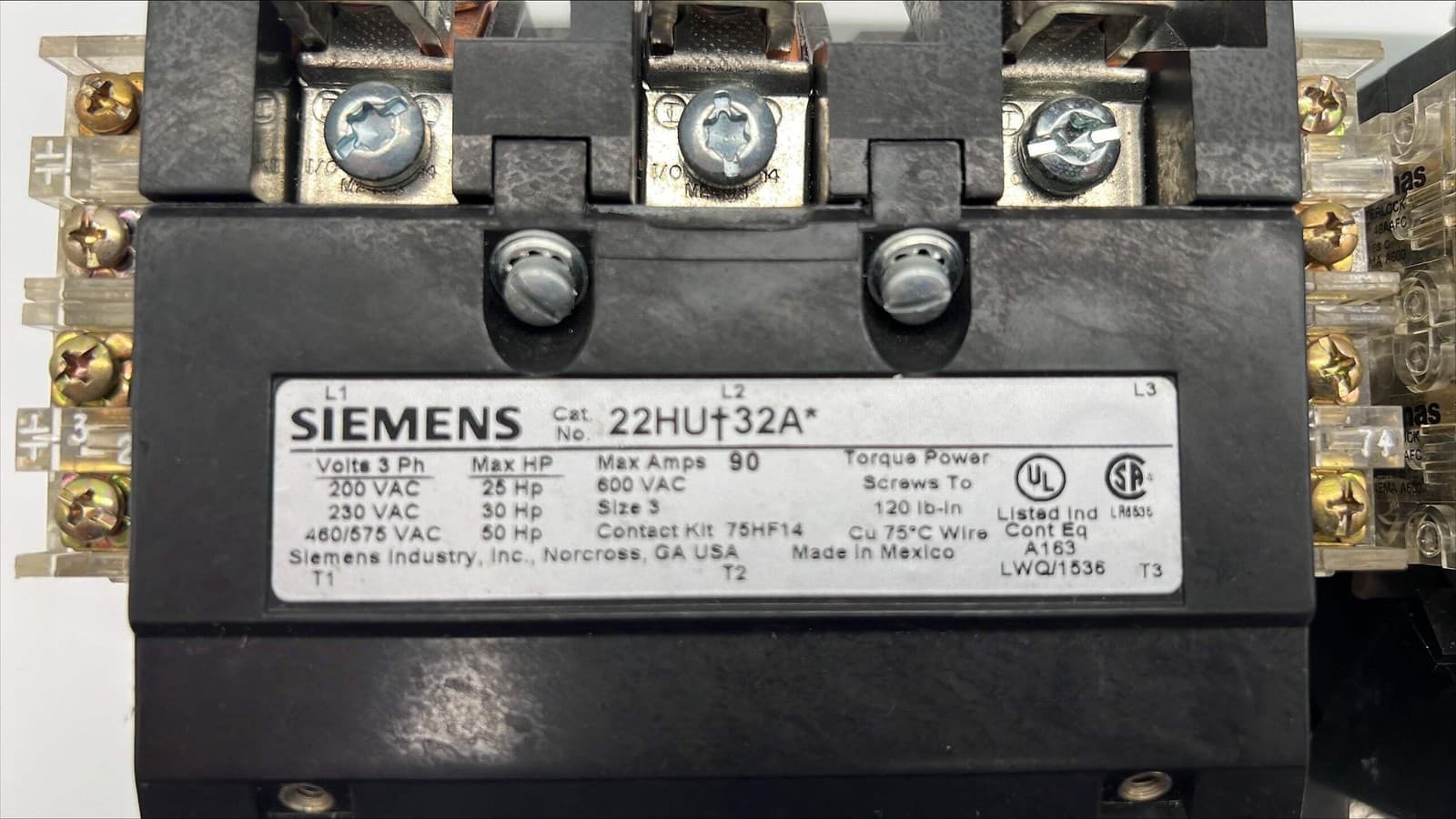 Siemens 22HU+32A* Size 3 Reversing Starter w/ ESP200 Ovld Relay (Used) 5