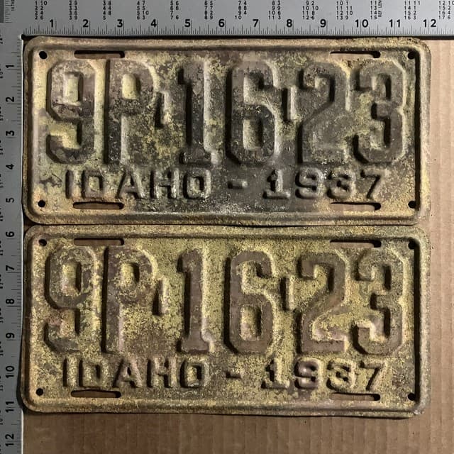 1937 Idaho license plate pair 9P 16 23 YOM DMV Clearwater Ford Chevy Dodge 20058