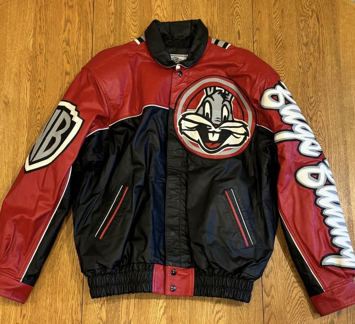 🔥RARE! Vintage 90s Looney Tunes Bugs Bunny Cartoon Bomber Leather Jacket Size M 2