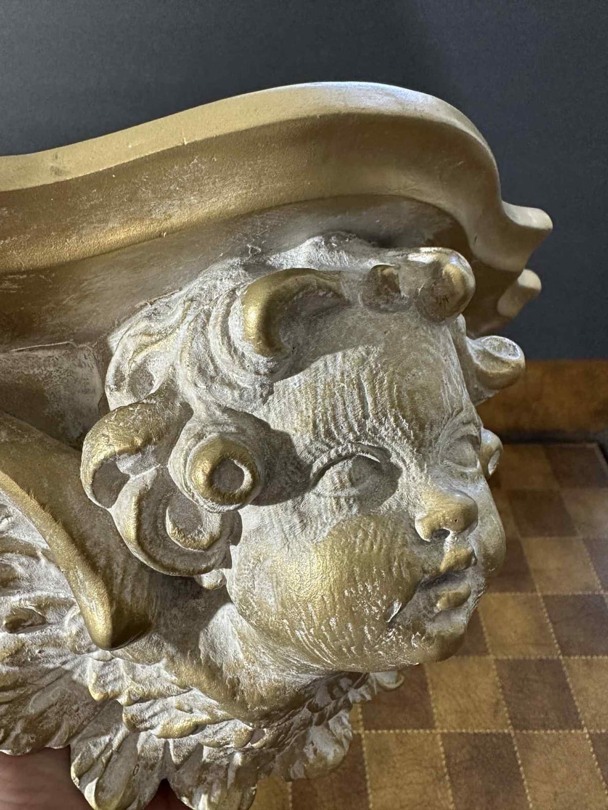 Pair of Gold Resin Cherub Wall Shelves Putti Angel Face Console Brackets 10.5" 5