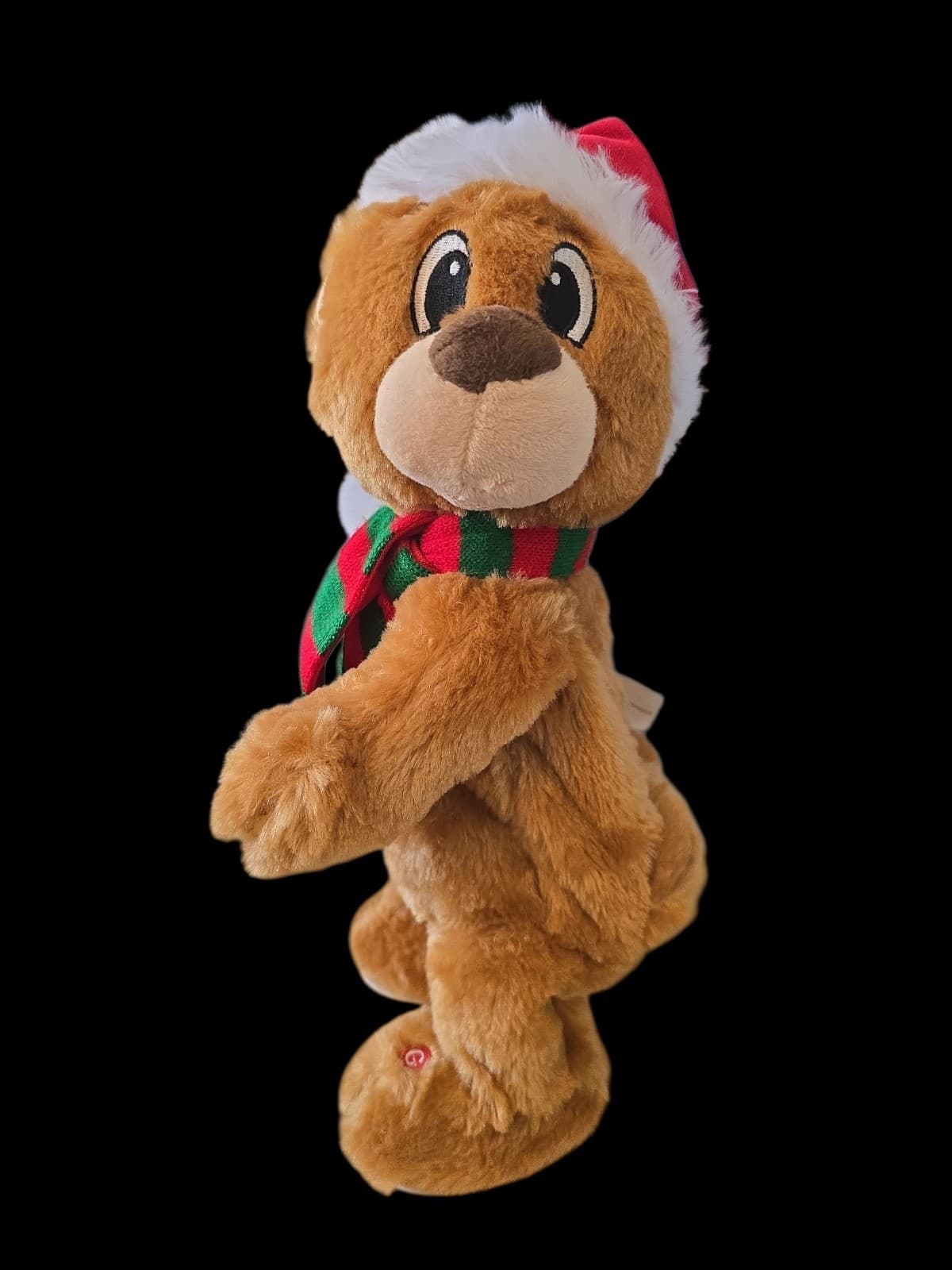 Gemmy Singing Dancing Xmas Bear With Stripped Scarf And Santa Hat 13.5" WORKS 2