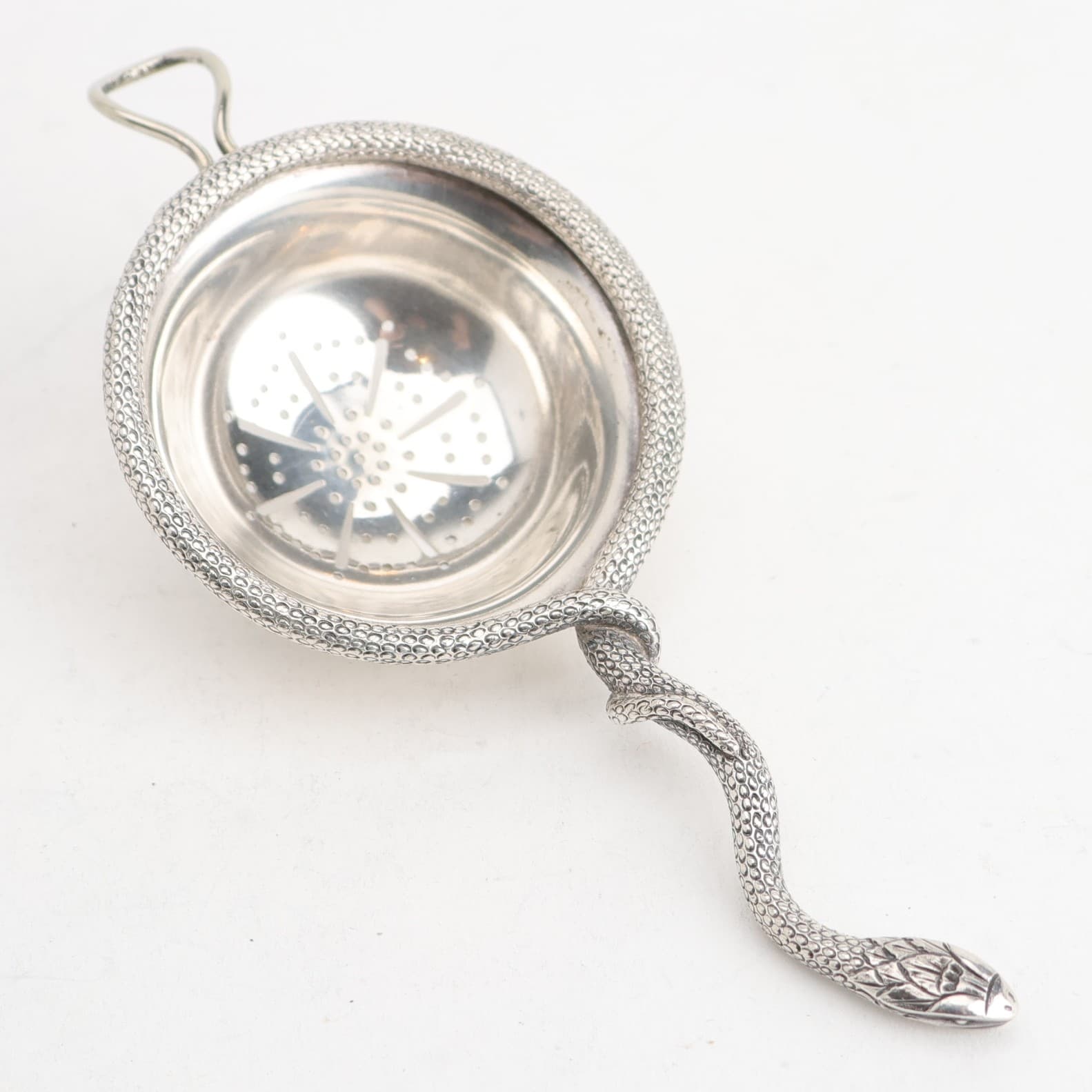 Indian Silver 5 3/4" Tea Strainer w/ Figural Snake Handle 2.04ozt No Monogram