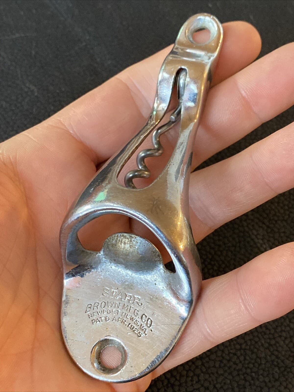 Starr Brown Mfg Co Pat Apr 1925 Wall Hang Bottle Opener Corkscrew Barware Chrome