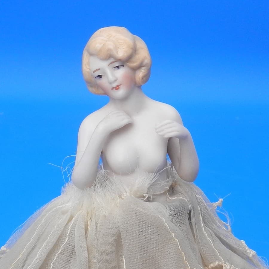 Vintage HALF DOLL PIN CUSHION Porcelain Figurine Bathing Beauty HANDS AWAY 6