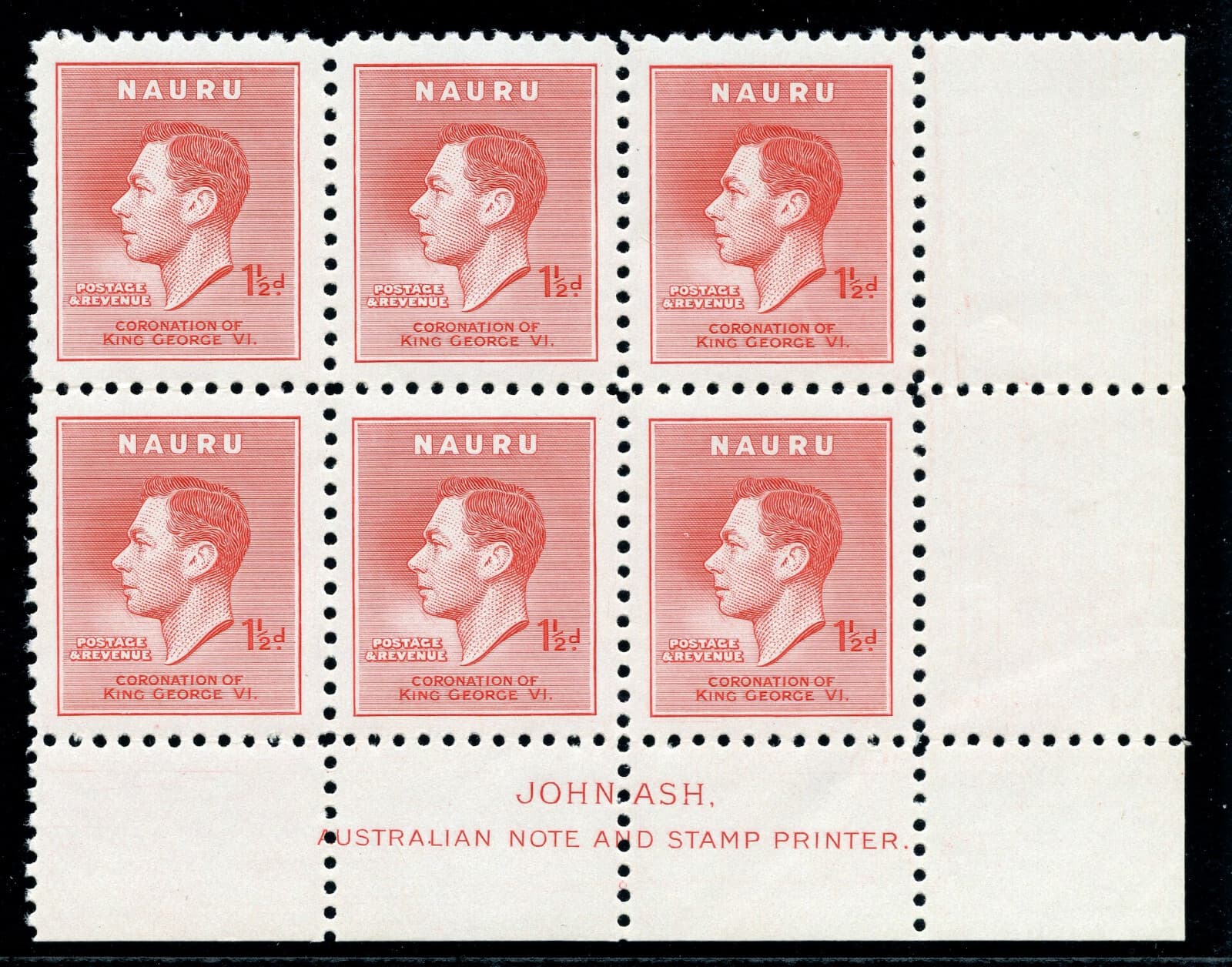 Nauru 1937 KGVI Coronation 1½d scarlet Imprint block superb MNH. SG 44.