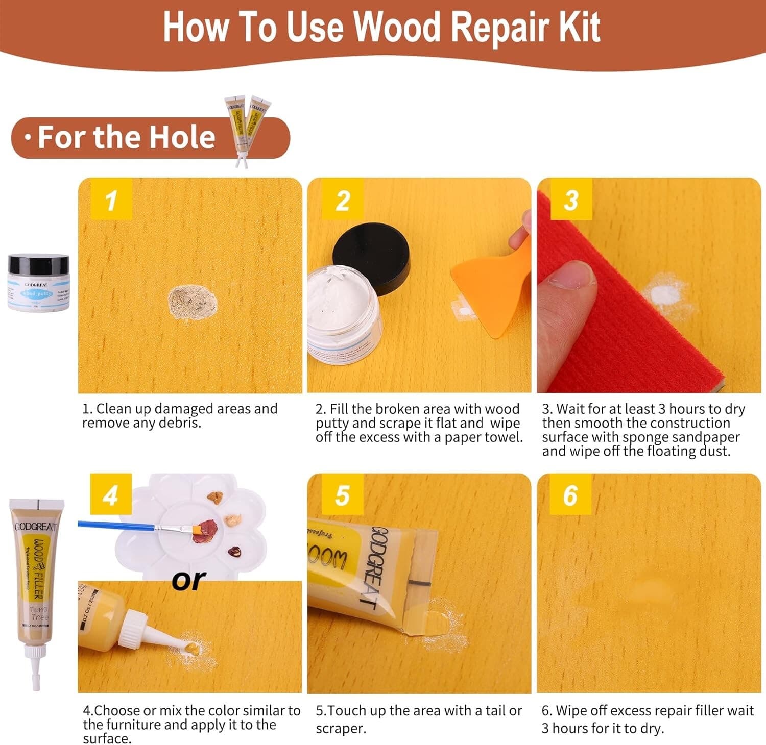 Wood Repair Kit - 37 Sets, Wood Fillers Furniture Repair Kit with 18 Colors Oak 3