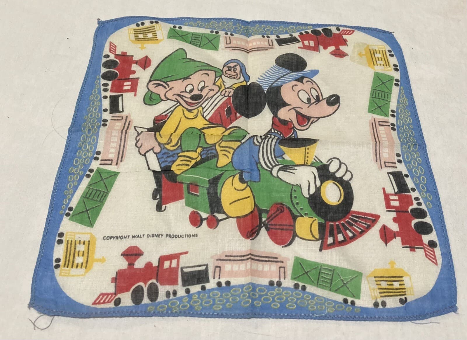 Vintage Micky Mouse Train Engineer Dopey Disney Cotton Child's Handkerchief