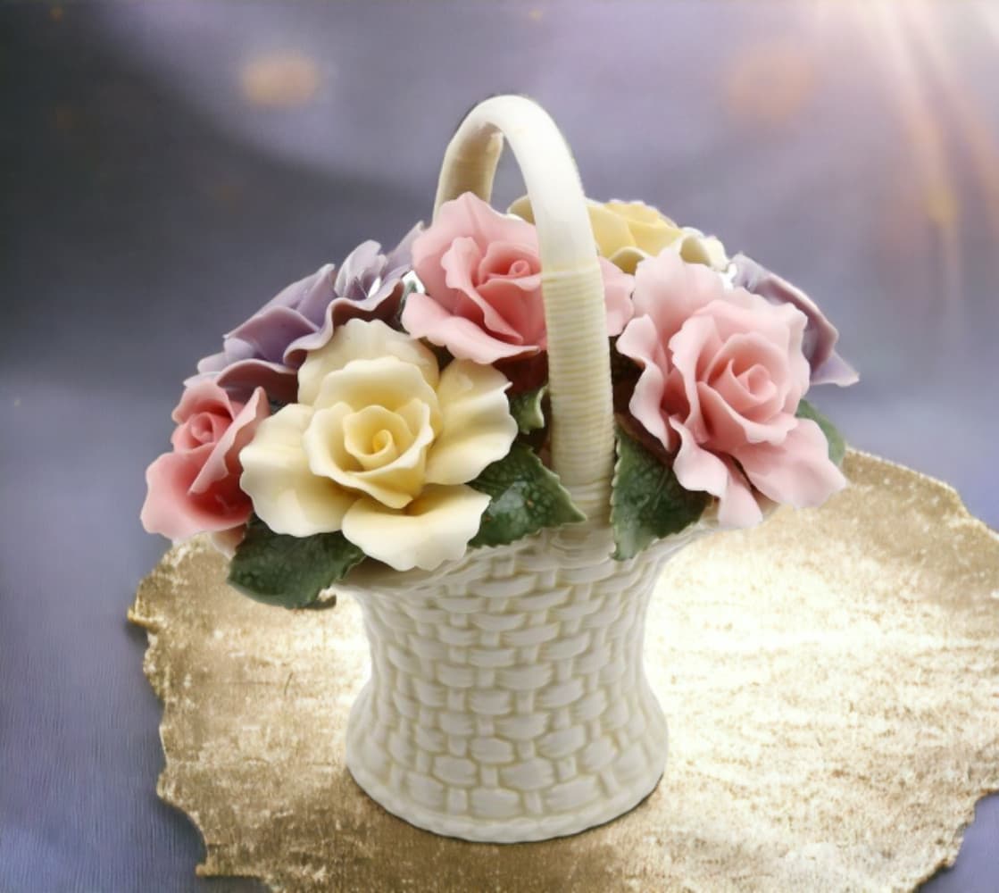 Ceramic Rose Flowers Basket Figurine, Wedding Décor or Gift, Anniversary Décor o 2