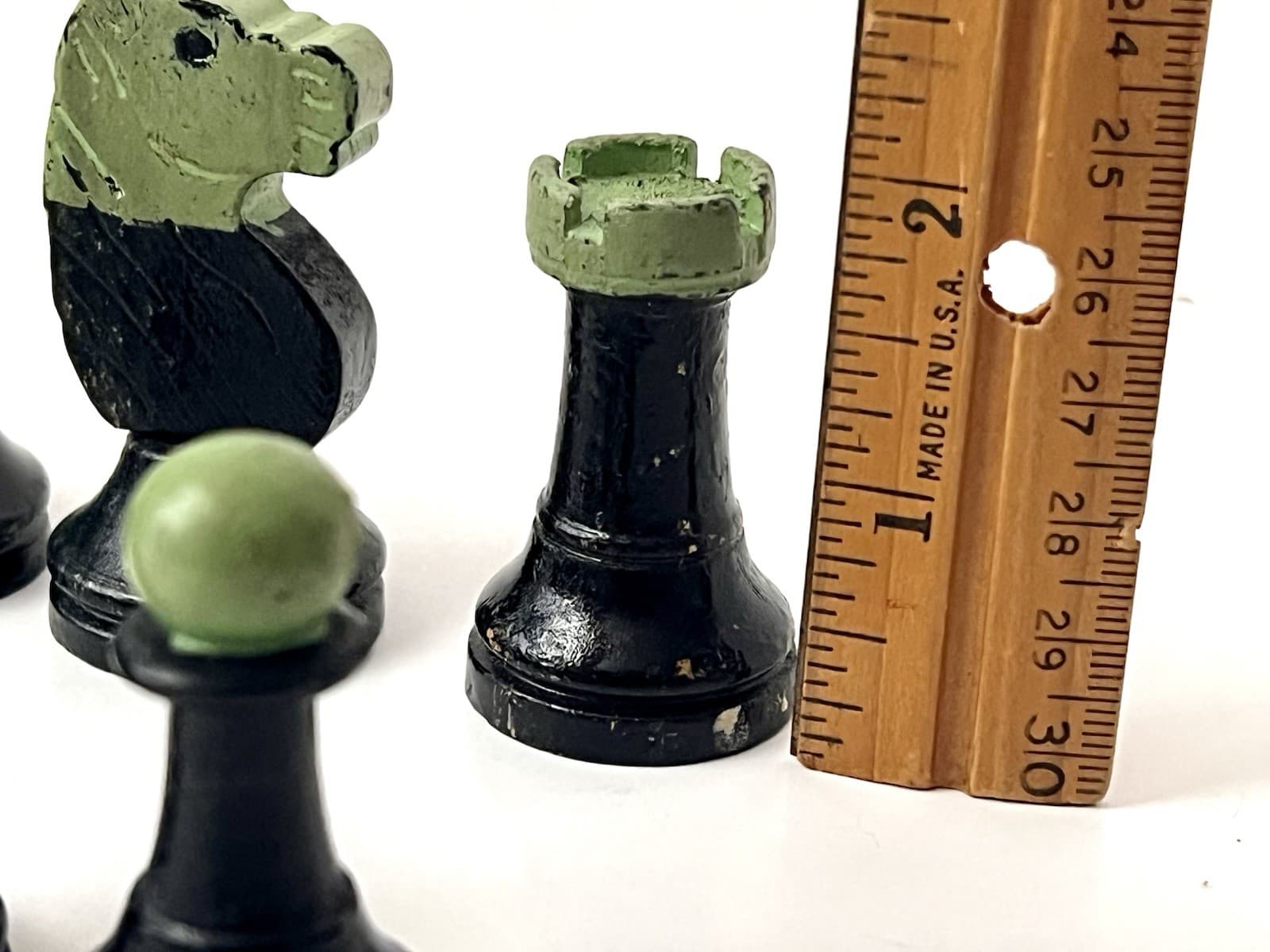 Lot 16 Vintage Wooden Chess Pieces Painted Black Green Wood Craft Art Supplies 3