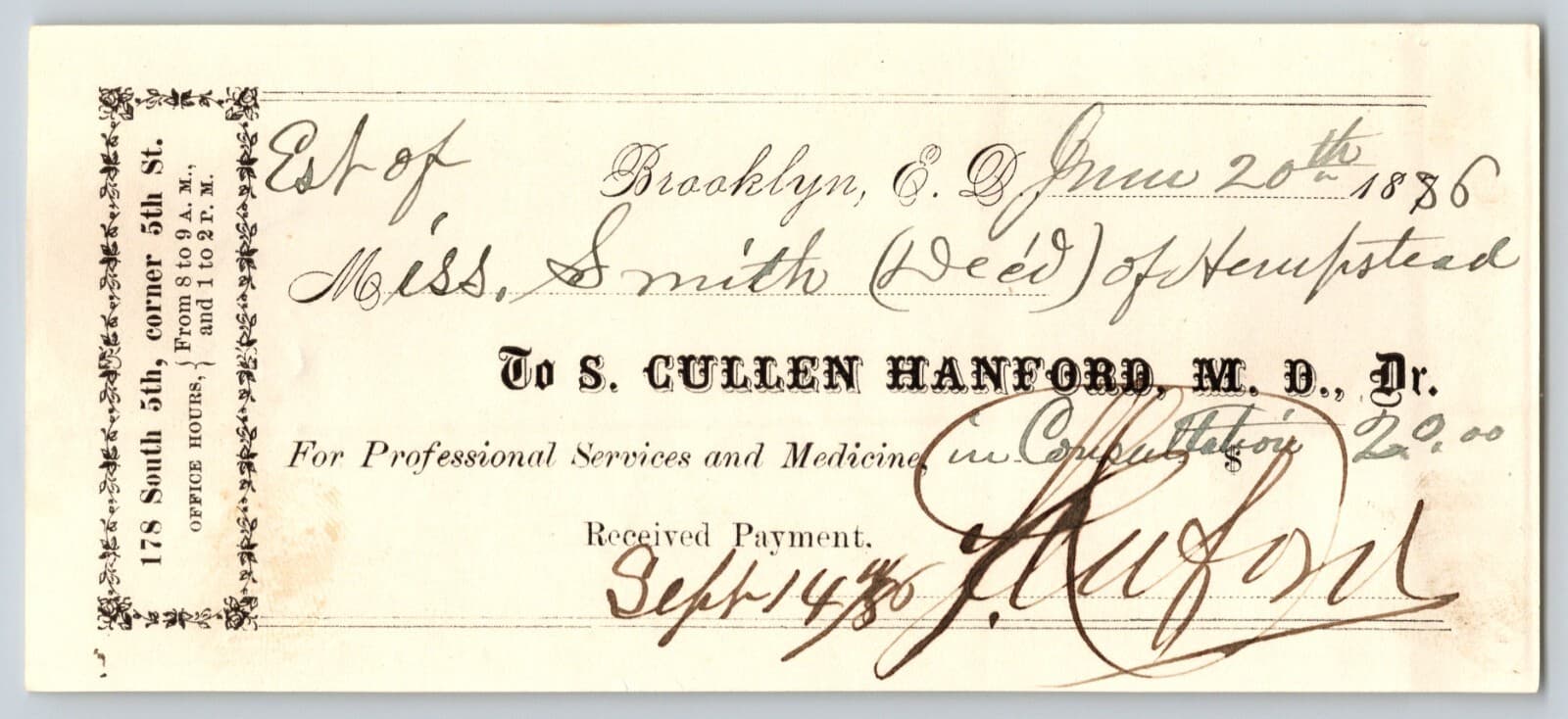 Cullen Hanford, M.D. 178 S. 5th Brooklyn E.D. 1886 Signed Medical Receipt