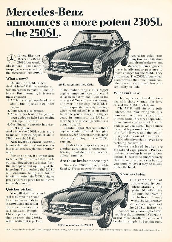 1967 Mercedes Benz 230SL 250SL Classic Vintage Advertisement Ad - LV3