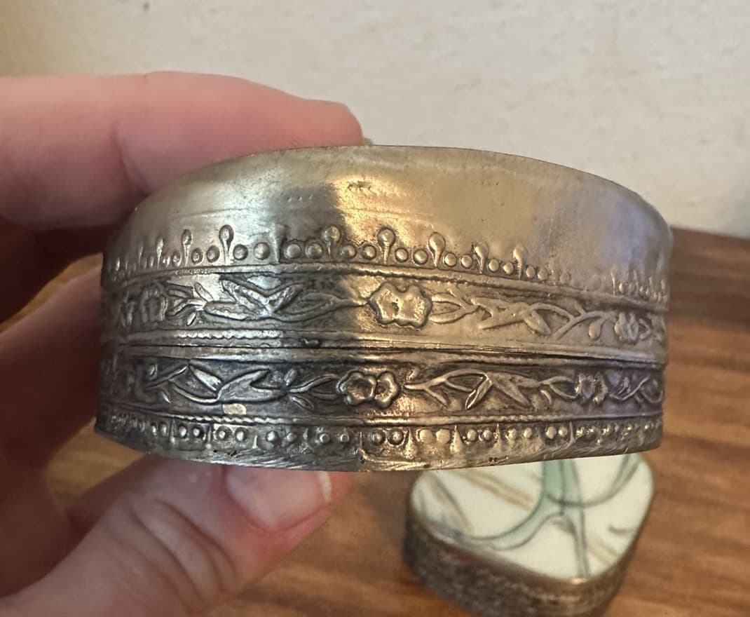 Antique Chinese Porcelain Pottery Shard Trinket Boxes, Silver Repousse- Set of 4 3