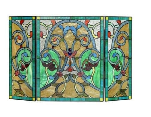 Tiffany Style Fireplace Screen Victorian Design Stained Glass 3 Piece 28" x 44" 3