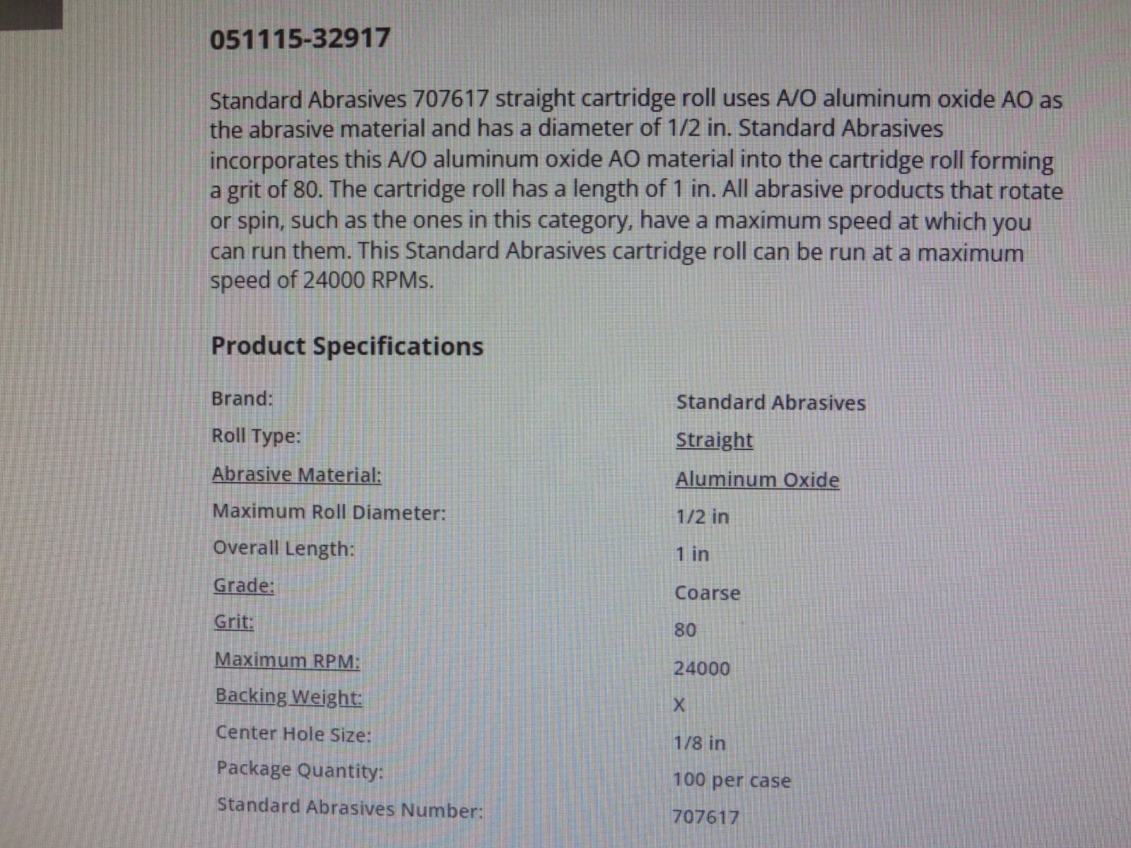 100) STANDARD ABRASIVES 707617 CARTRIDGE ROLL 1/2 IN X 1 IN X 1/8 IN A/O 80 GRIT 3